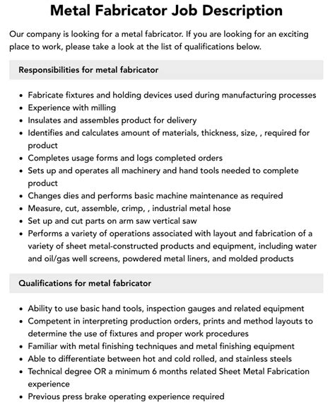 metal fabrication technician job description|steel fabrication employment skills.